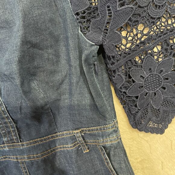 La Reyna Denim Lace Off The Shoulder Dress Pockets Side Zip Boho Cottagecore S - Picture 8 of 11